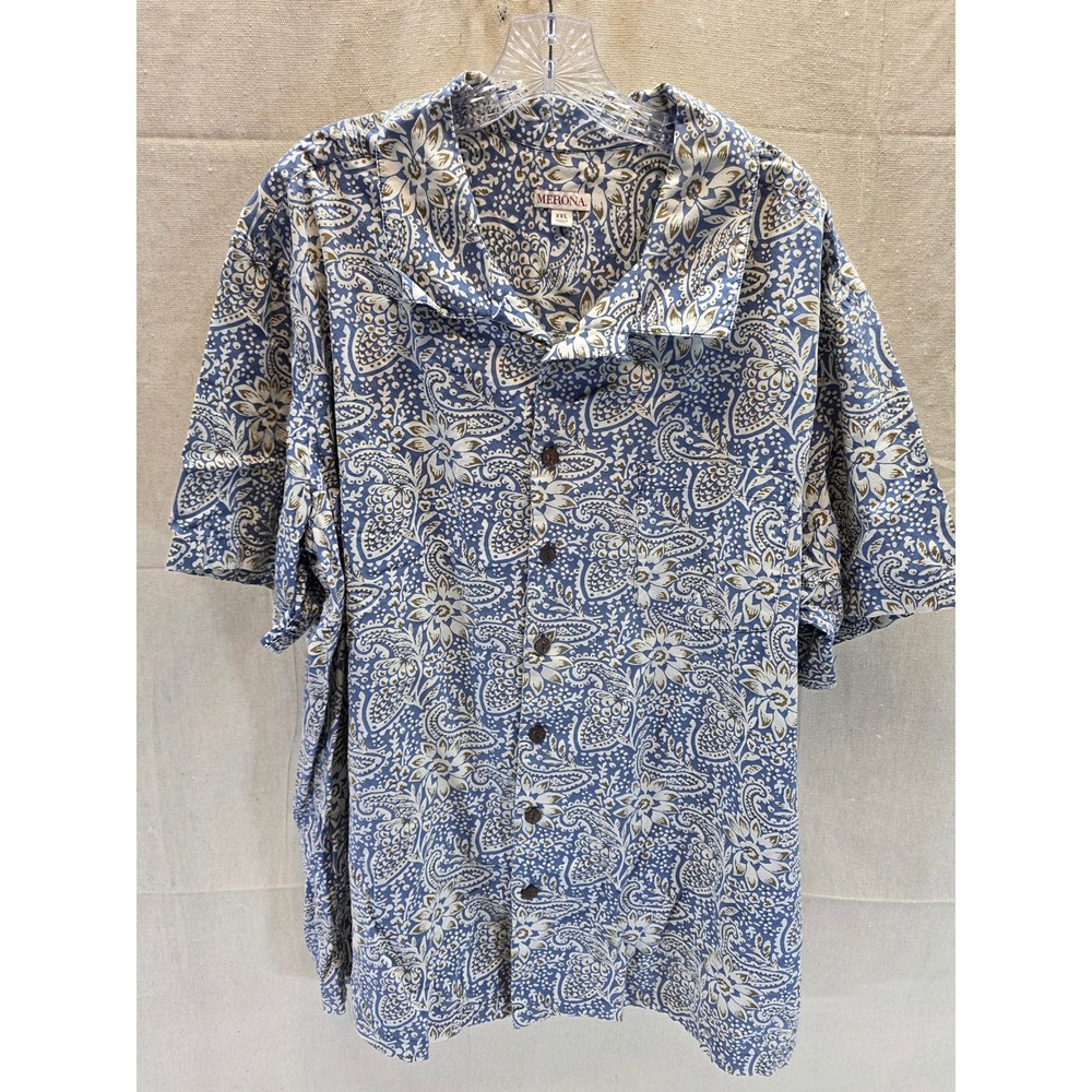 Merona Mens XXL Blue Paisley Floral Camp Shirt Short Sleeve Button‎ Down